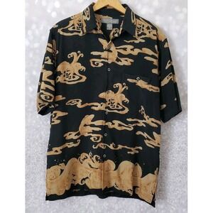 Tori Richard Koi Fish Silk Hawaiian Shirt Camp Size M Black & Gold